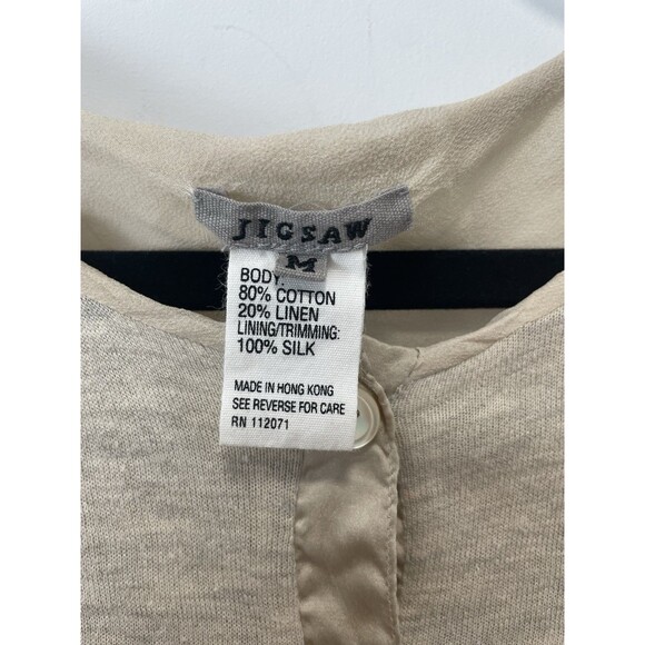 Jigsaw Brand Neutral Beige Silk Lined Cardigan Cotton Linen Sweater Size Medium - Picture 4 of 6